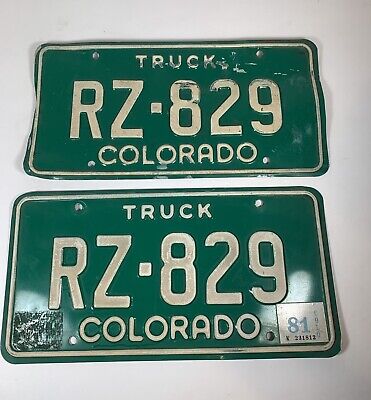 Vtg Colorado Matching Truck License Plates Green Pair Metal 1981 80s