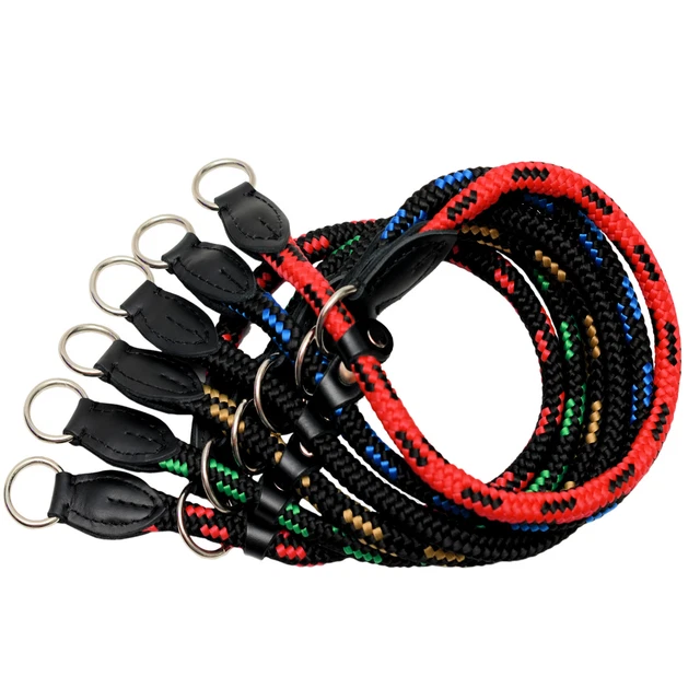 Deslizante Perro Gargantilla Collar Mano Fuerte Enrollado Cuerda Con Negro Piel