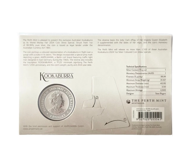 2024 WORLD MONEY Fair Australian Kookaburra 1oz Silver Coloured Coin in