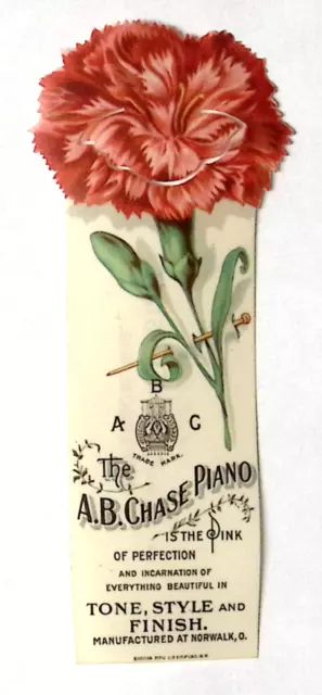 1900 CHASE PIANO Celluloid FLOWER Carnation ADVERTISING BOOKMARK Norwalk OH