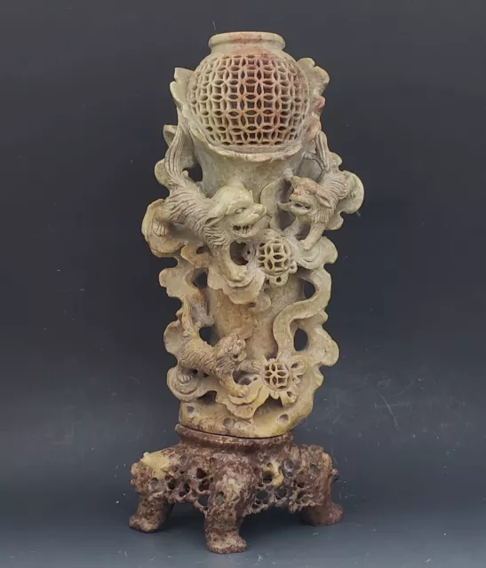 Antique Chinese Soapstone Foo Dog Sculpture Statue Oriental Censer