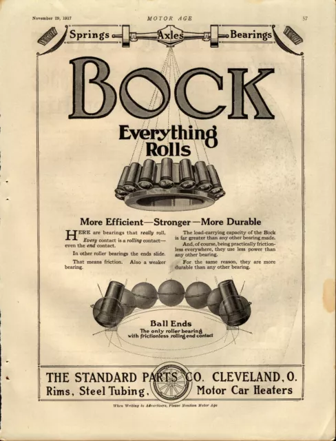 1917 Bock Bearings Ad: Standard Parts Co., Cleveland, Ohio - Everything Rolls!