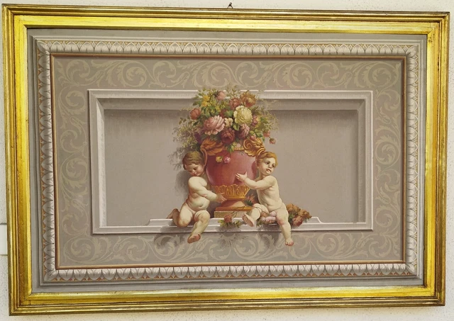 Dipinto A Tempera Con Decorazioni Anni 60 Putti Con Vaso Di Fiori