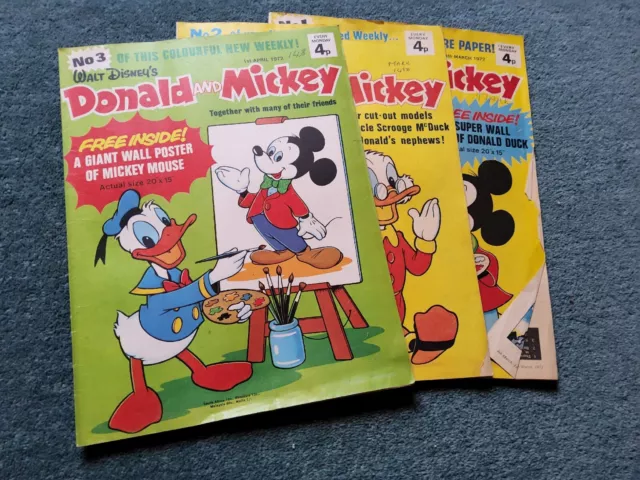 Vintage Walt Disneys Donald And Mickey X 3 Comics  No 1 No 2 No 3  …. 4/3/72