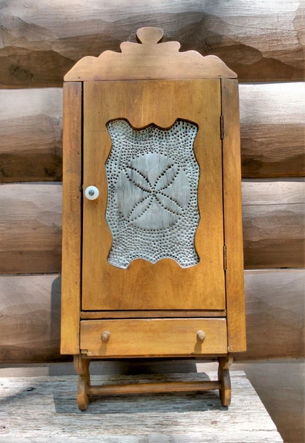 Antique Primitive Punched Tin Wooden Wall Cupboard Spice Shelf Medicine Cabinet