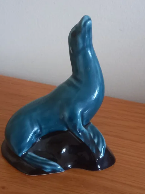 Poole Pottery, Seal Figurine,  Vintage Turquoise Blue And Black Base Glaze, 12cm