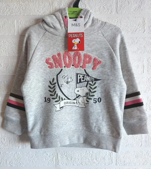 M&S Girls Age 3-4 Grey Long Sleeve Snoopy & Peanuts Fleece Line Hoody Hooded Top
