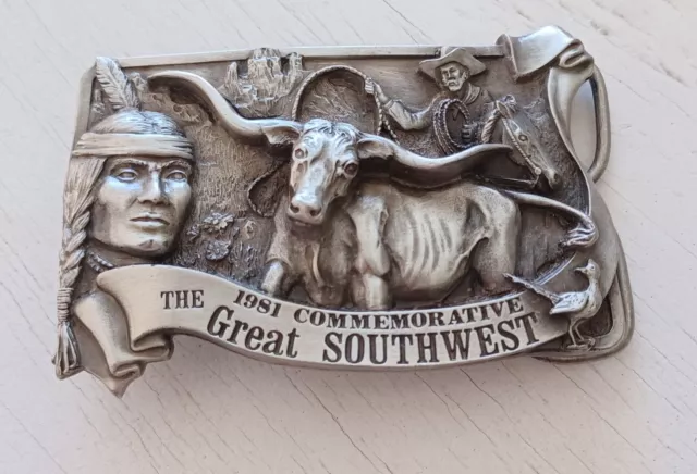 Vintage 1981 The Great Southwest Belt Buckle Pewter Arroyo Grande Indian Bull