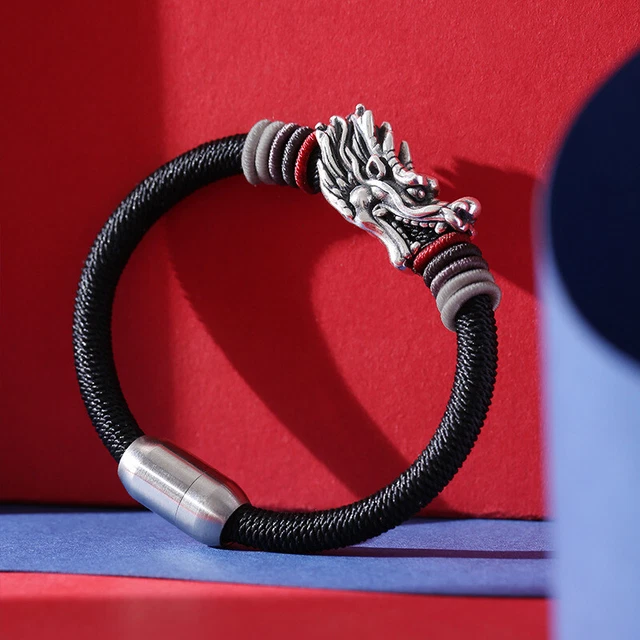 Real 999 Fine Silver Big Dragon Head Handmade Black Cord Bracelet 15cm Shorter