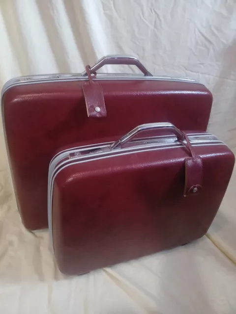Samsonite Profile Vtg Maroon Hard Shell Handle Travel Luggage Suitcase Pair