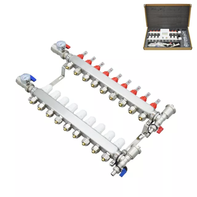 9-Branch PEX Radiant Floor Heating Manifold Set Distributor Water Knockout Trap