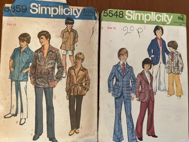 2x Vintage Sewing Pattern 1970s Boys Size 10 Shirt & Trousers/Suit by Simplicity