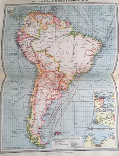 South America Original Antique Map 1907 Argentina Brazil Chile Harmsworth Map