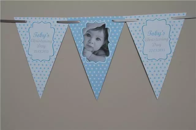 PERSONALISED CHRISTENING Boy Girls BUNTING Stars BANNER Baptism Photo Any Colour