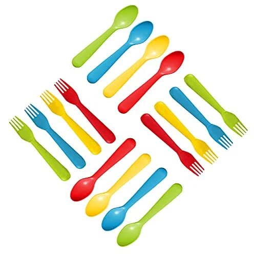 Plaskidy 16 Pcs Plastic Toddler Utensils Set 8 Kids Forks and 8 Kids Spoons B...