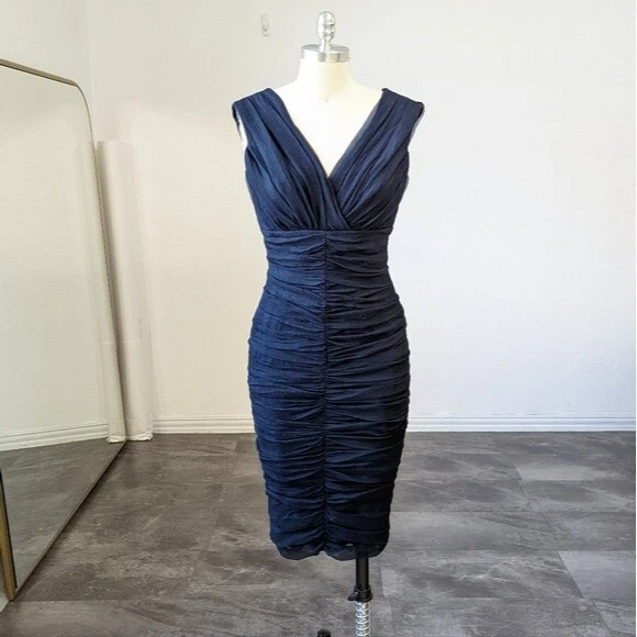 Tadashi Ruched Chiffon Silk Dress Navy Blue 8 evening wedding cocktail party Tadashi Ruched Chiffon Silk Dress Navy Blue 8 evening wedding cocktail party
