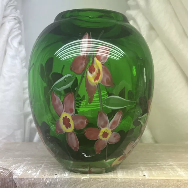 Vintage Murano Art Glass Vase/Sommerso Flowers/Emerald Green/Mcm/Beautiful!