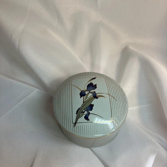 Otagiri Japan “Grand Iris” Purple Iris White Porcelain Round Trinket Box