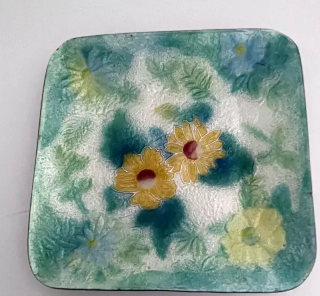 Vintage Ando Silvered Cloisonne 4¾" Square Plate Yellow Flowers Design Handmade