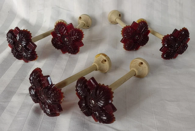 6 Antique Victorian Ruby Red Glass Flower Curtain Tie Backs