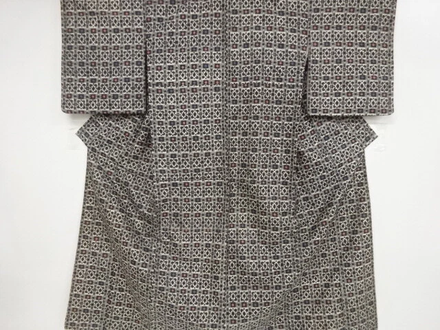 80609# Japanese Kimono / Antique Kimono / Meisen / Woven Grid & Flower
