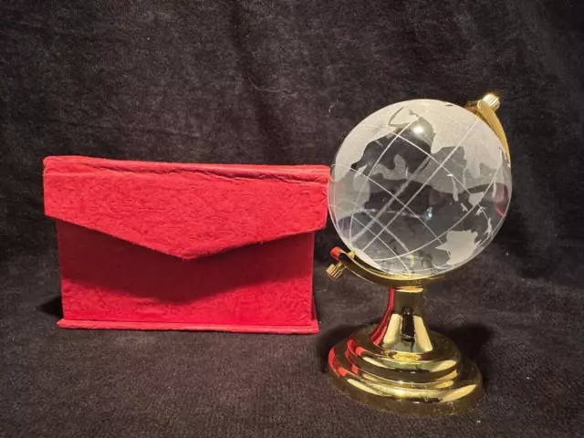 Vintage Miniature Frosted Glass Spinning Globe Paperweight with Stand & Box