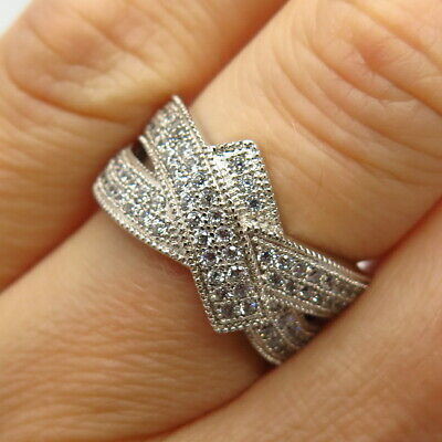 925 Sterling Silver Pave C Z Crossover Design Wide Ring