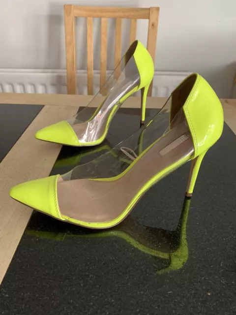 Primark  Patent Neon Yellow Perspex Pointed Stiletto Court Shoe Heels UK 6/7