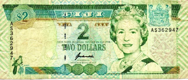 1996 Fiji 2 Dollar Bank Note P 96 Queen Elizabeth II as pictured AS362947
