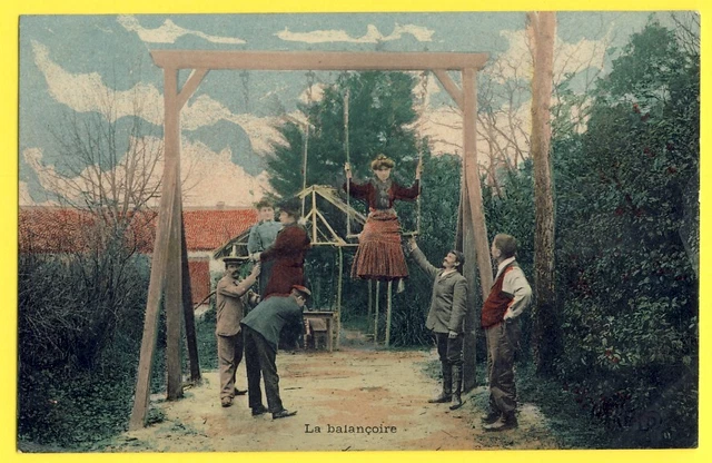 cpa Cachet CARROUGES, Orne en 1908 Scène de Vie JEUX LA BALANÇOIRE The Swing