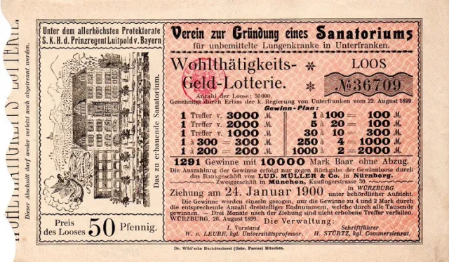 Lotterie-Los Würzburg, Wohlt.-Geld-Lotterie Sanatorium, 50 Pfennig, 24.01.1900