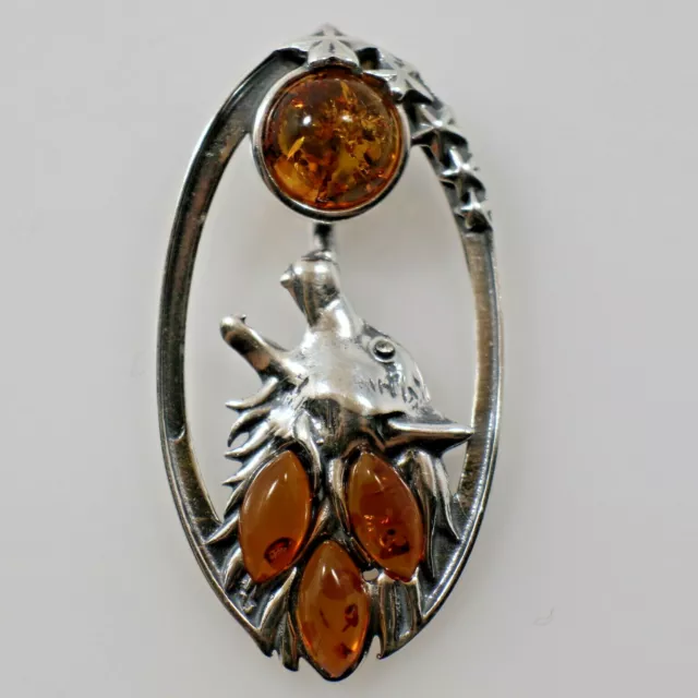 Natural, Cognac / Brown BALTIC AMBER Wolf Pendant 925 STERLING SILVER #4224