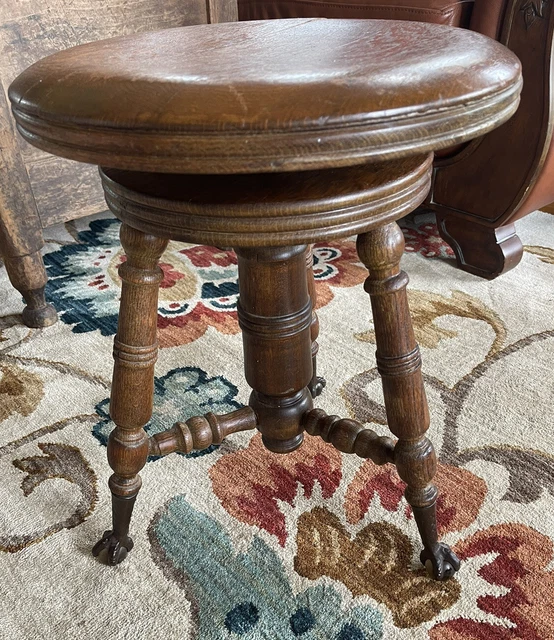 Piano Organ Stool Victorian Adjustable Swivel, Twist Legs, Claw Glass Feet 1890s