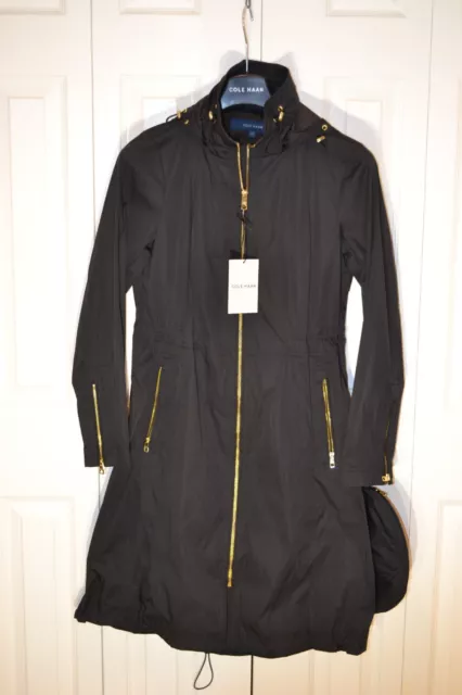 Cole Haan Signature Packable Rain Jacket, Removable Hood, Black, Size Small, NWT