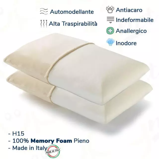 Coppia Cuscini 100% Pieno Memory Foam cotone anallergico H15cm Made in Italy