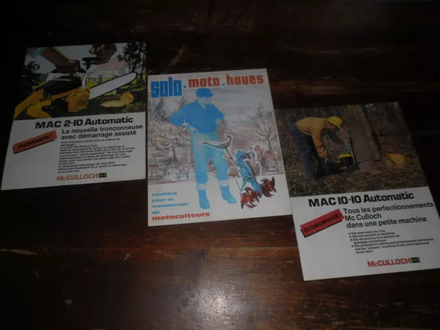 A VOIR !! LOT 3 ANCIENNES BROCHURES Matériel Agricole "McCULLOCH-SOLO" 1960/70