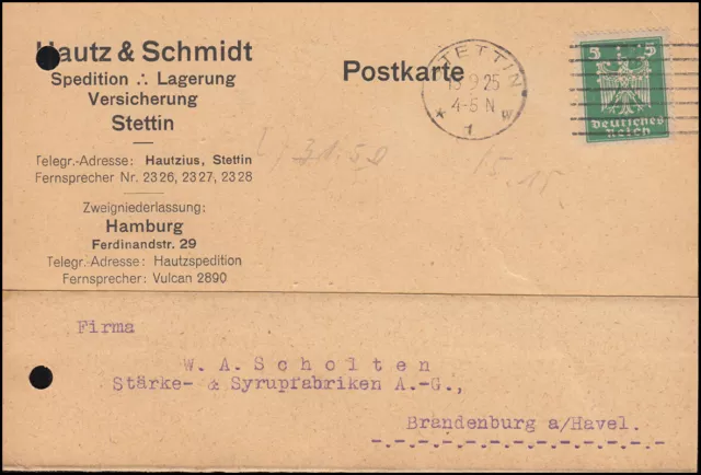 Firmenlochung HS auf 356 Adler 5 Pf. als EF auf Postkarte STETTIN 15.9.25