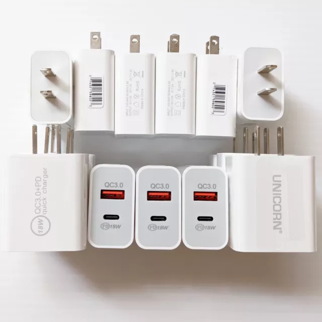 Wholesale Lot USB-C Wall Chargers 18W + QC 3.0 Dual Port Power Adapters UNICORN