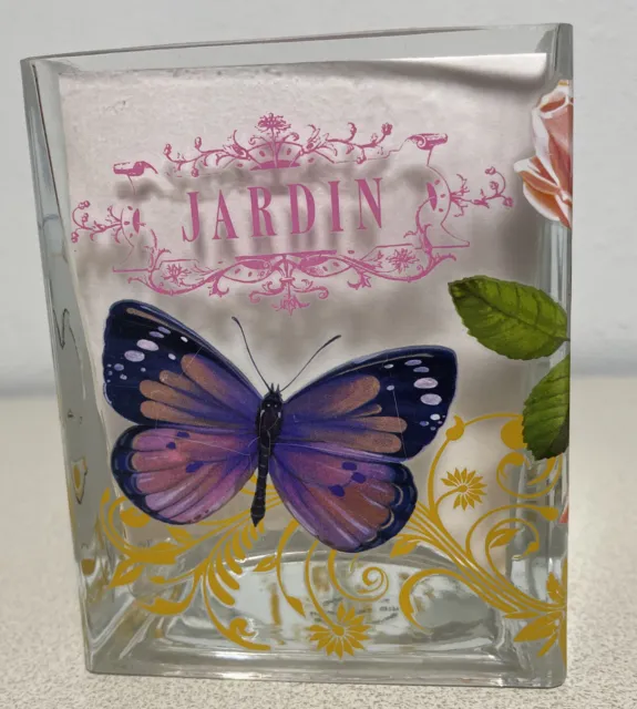 Teleflora Jardin Roses Butterfly Clear Glass Square Cube Vase HEAVY Flowers