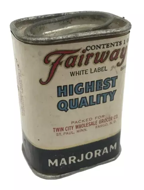 Vtg Fairway Paper White Label Spice Tin Marjoram St Paul MN Fargo ND Advertising