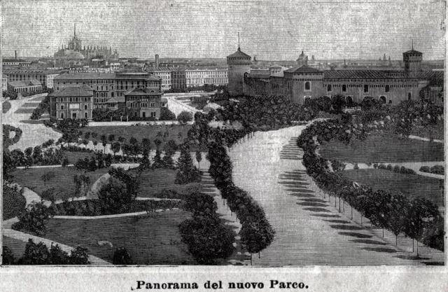 Milano: Parco Sempione e Castello Sforzesco. Stampa Antica + Passepartout. 1902