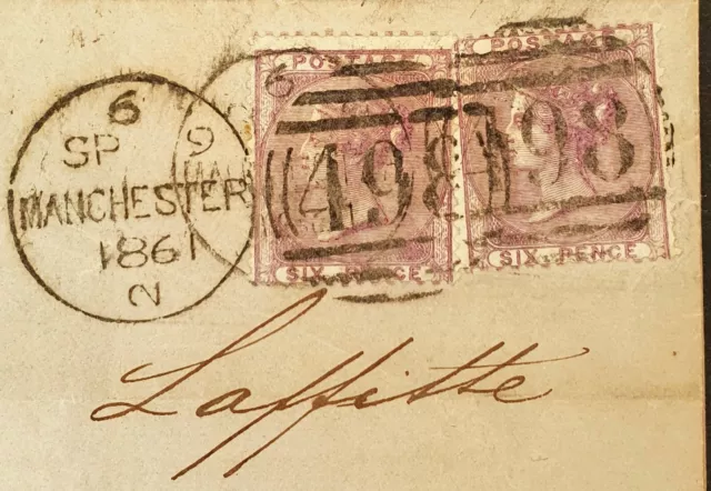 GB QV SG68 6d Lilac x 2 on Wrapper, a FINE 1861 Cover from Manchester to Madrid! 2