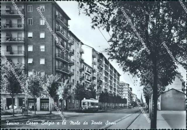 cg317 cartolina torino citta'  corso belgio e la mole da ponte sassi tram