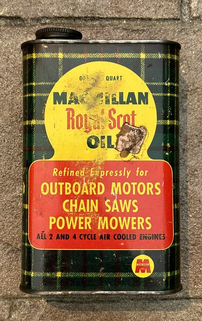 VTG Macmillan Royal Scot Oil Quart Can Tin Outboard Motors Chain Saw Power Mower VTG Macmillan Royal Scot Oil Quart Can Tin Outboard Motors Chain Saw Power Mower