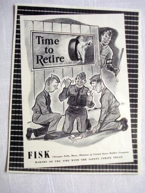 1942 WWII Cartoon Tire  Ad Fisk, Chicopee Falls, Mass. Division of U.S. Rubber