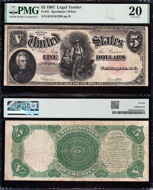 VERY NICE Bold & Crisp VF 1907 $5 "WOODCHOPPER" US Note! PMG 20! FREE SHIP! 1296