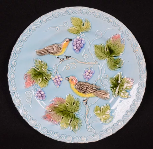 Antique 1920s Majolica BIRD & GRAPES Pottery Charger Plate Blue Embossed 9.25"D