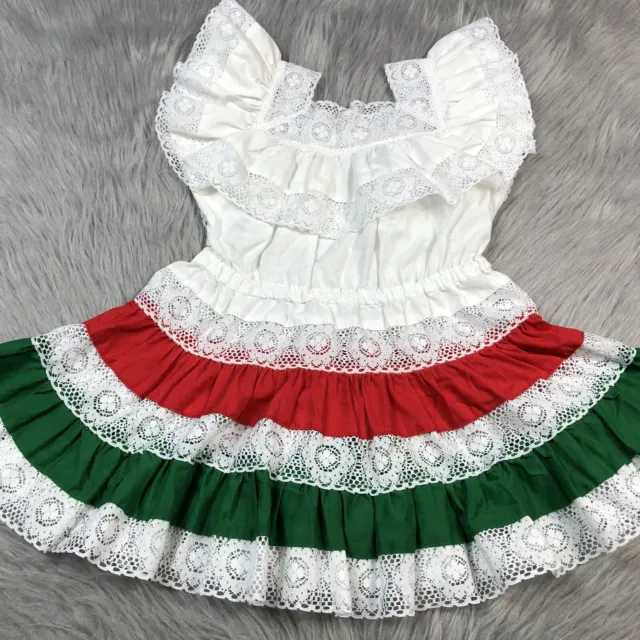 Vintage Girls Red White Green Mexican Traditional Lace Ruffle Dress