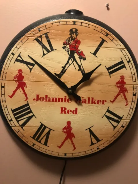 Vntg. JOHNNIE WALKER RED WHISKEY WALL CLOCK 1970s WorksWell LG Postcard Included
