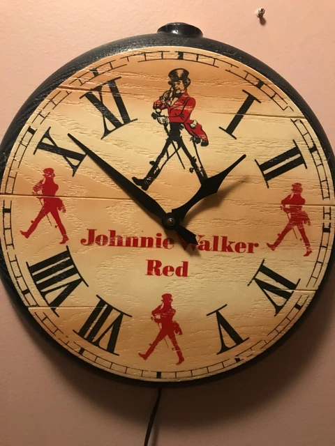 Vntg. JOHNNIE WALKER RED WHISKEY WALL CLOCK 1970s WorksWell LG Postcard Included
